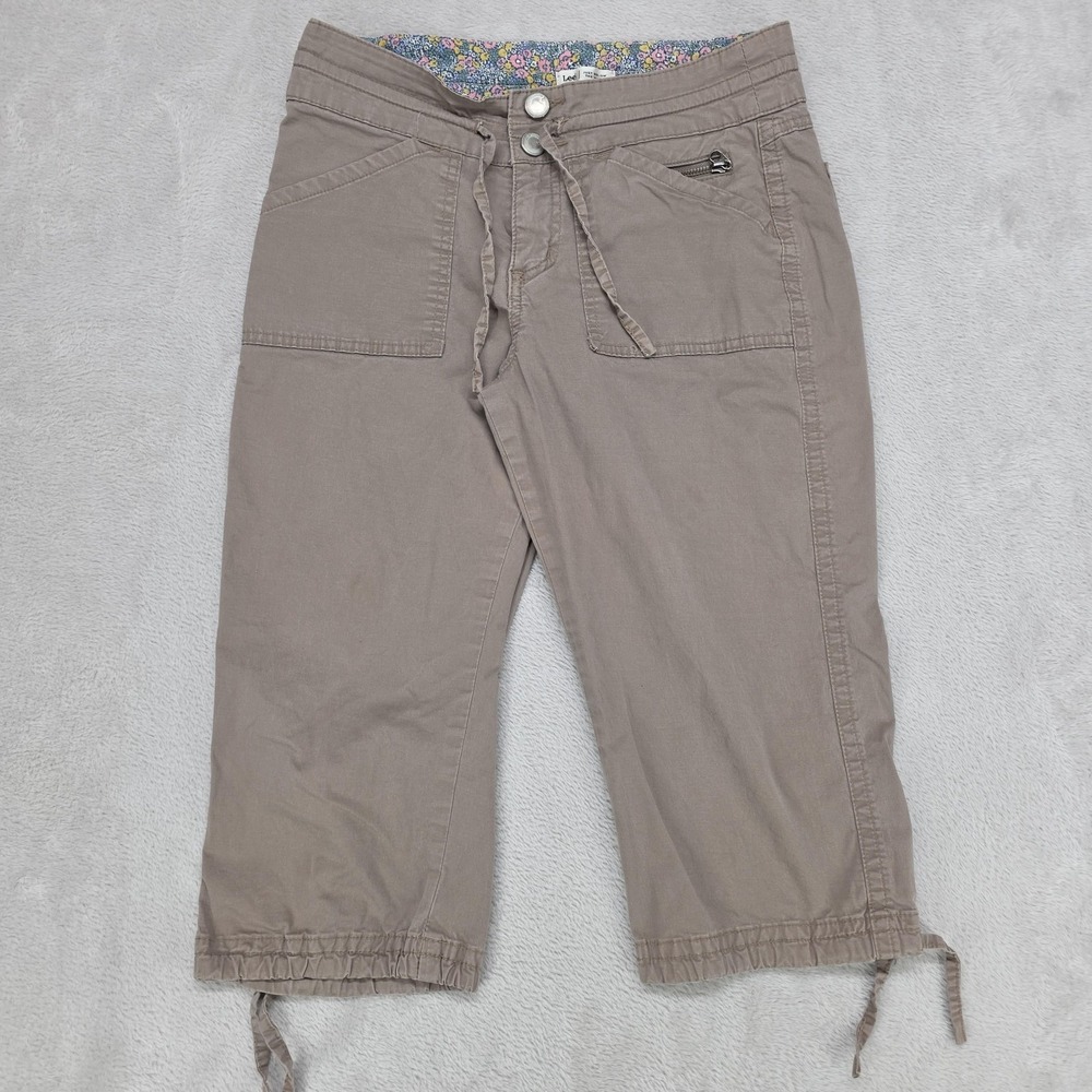 Lee Capri Pants Womens 4 Petite Beige Twill Drawstring Hem Casual Relaxed Fit